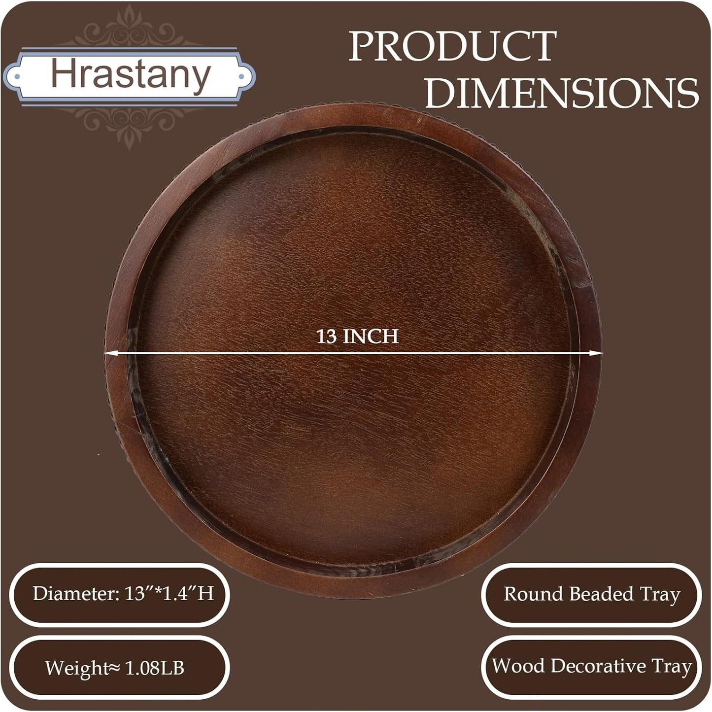 Wood Decorative Serving Tray with Bead, Round Vintage Wooden Ottoman Tray for Home Centerpiece, Counter Organizer, 13” Circle Tray for Kitchen, Living Room (Dark Brown)