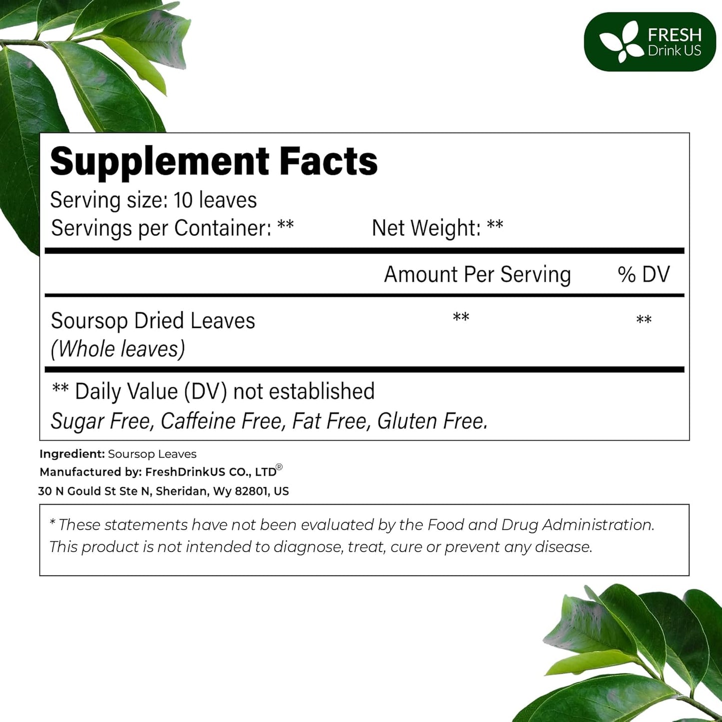 FreshDrinkUS, Premium 30+ Soursop Graviola Dried Leaves, Natural Whole Soursop Leaves, Wildcrafted, Hoja Guanabana, Loose Leaf Herbal Tea, No Gluten, Vegan