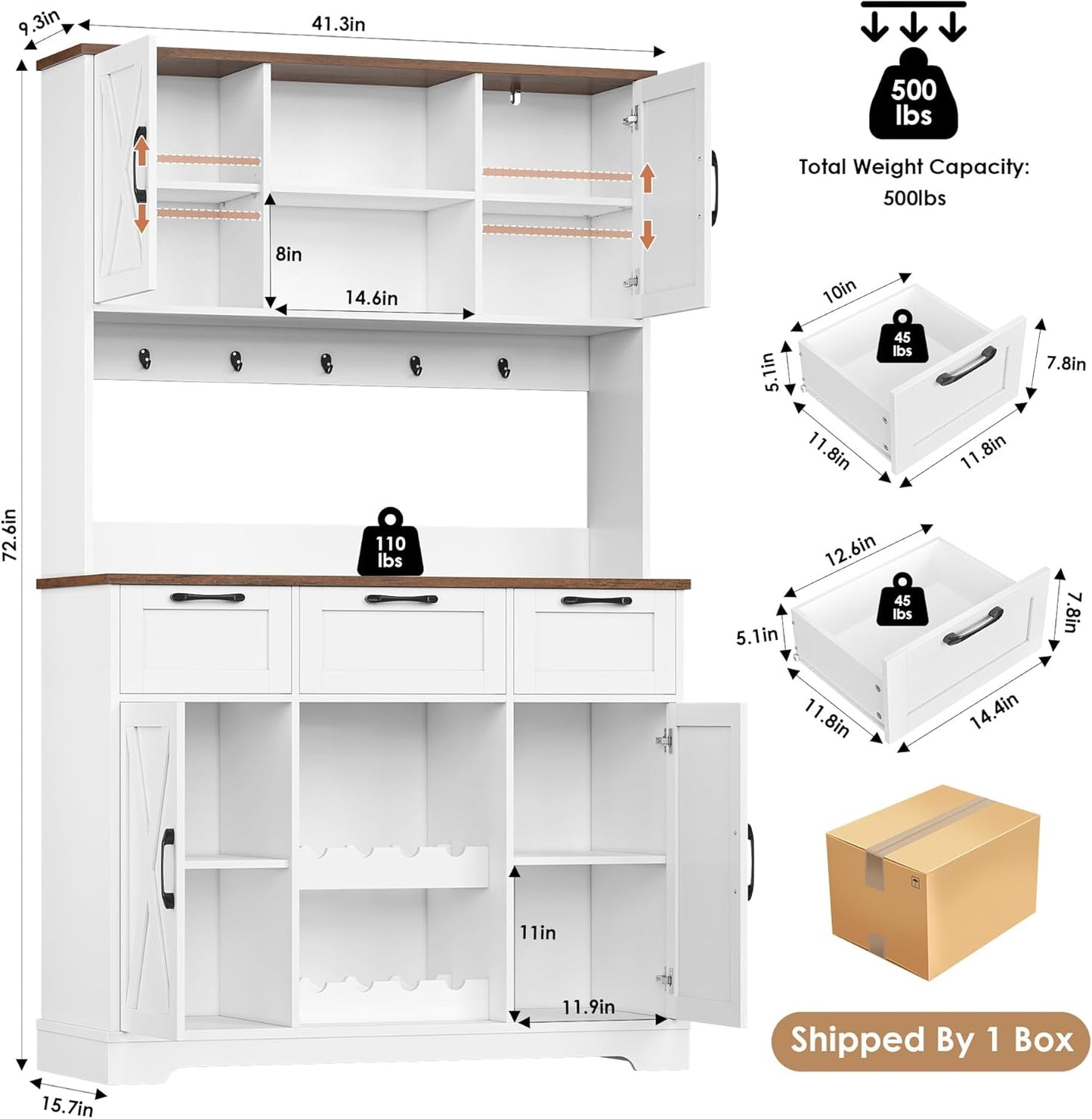 HIFIT 72" Large Kitchen Pantry Storage Cabinet with Barn Doors & Shelves & Drawers, Farmhouse Tall Kitchen Hutch with Bar Cabinet and Microwave Stand, Cupboard Wine Rack for Kitchen Dining Room, White