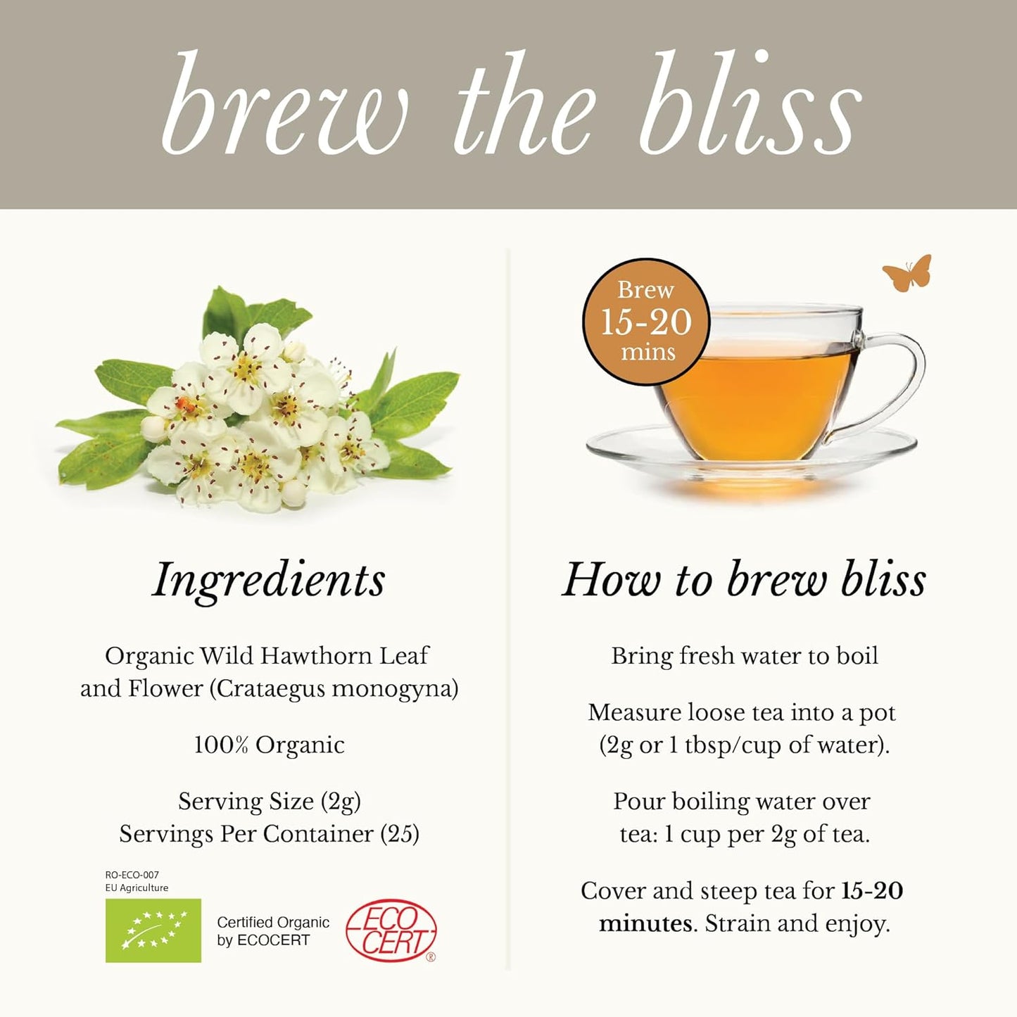 Wild Bliss Organic Hawthorn Loose Leaf and Flower Tea - Caffeine Free Heart Health Herbal Support - 1.76 Oz - 25 Servings