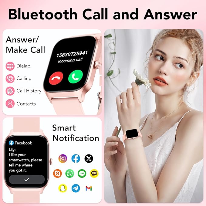 Smart Watch, 1.85" Smartwatch for Women(Answer/Make Call), 2025 Fitness Watch with 115+ Sports Modes/Heart Rate/SpO2/Pedometer/Sleep Monitor, IP68 Waterproof Activity Tracker for Android iOS, Pink