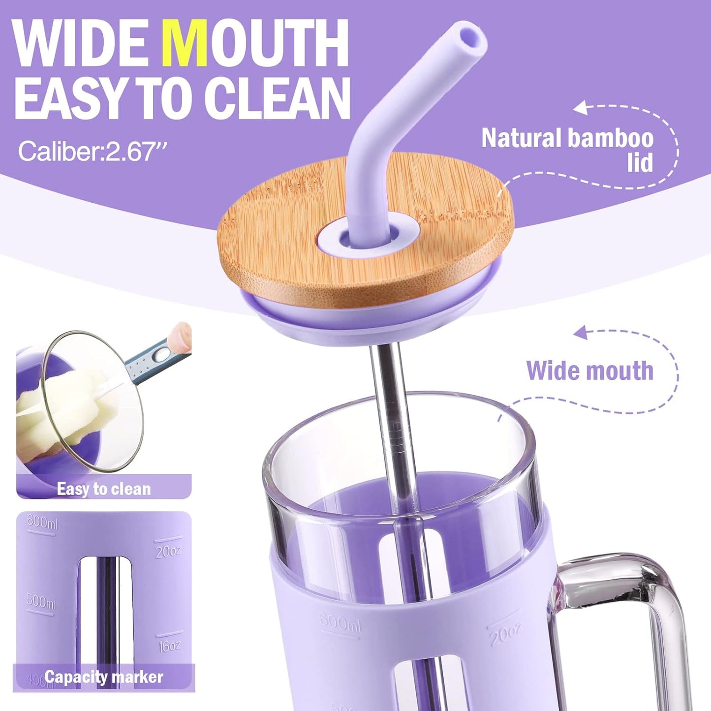 Kodrine Glass Tumbler with Lid and Straw, 20 oz Glass Coffee Tumbler with Handle, Smoothie Cup with Bamboo Lid, Time Marker, Silicone Sleeve, Reusable Iced Coffee Cup BPA Free - Amber Purple