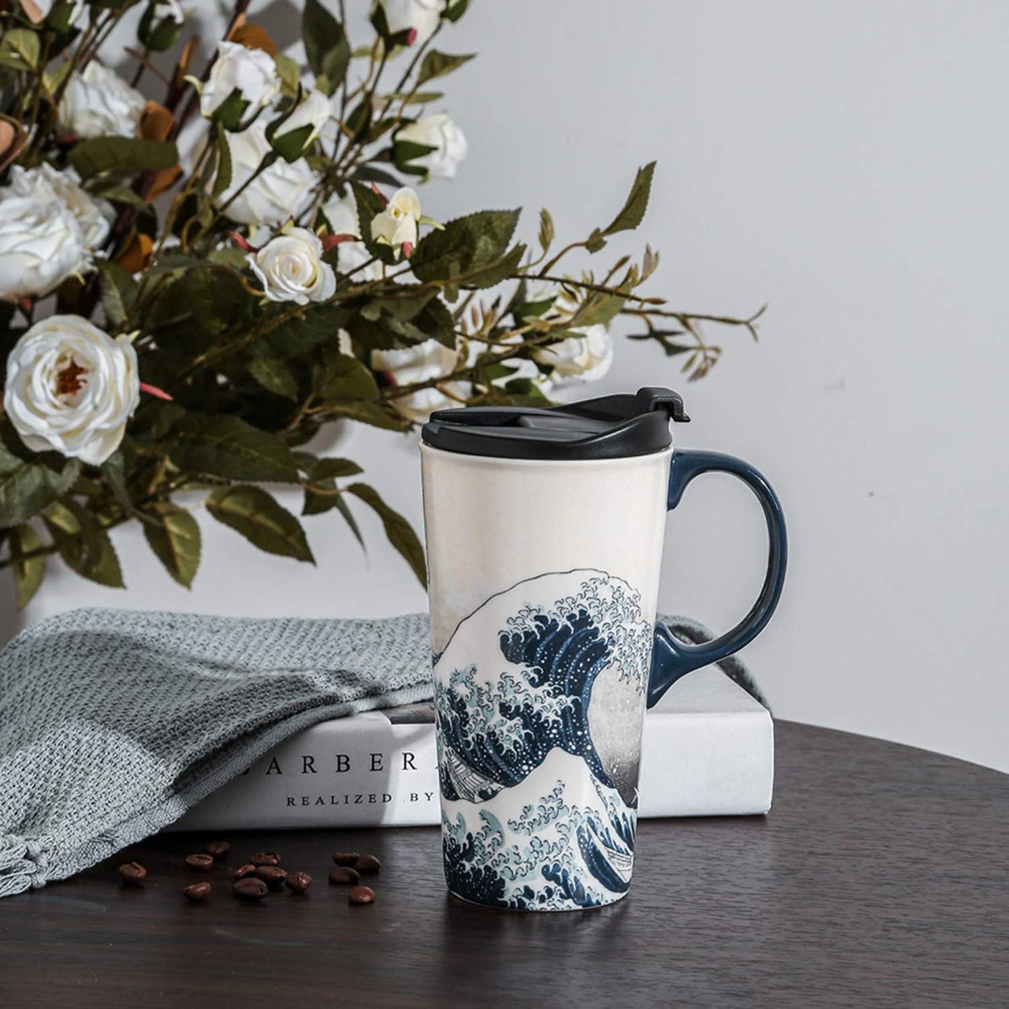 Topadorn Ceramic Travel Mug Porcelain Coffee Cup with Spill-proof Lid and Box, 17 Oz.