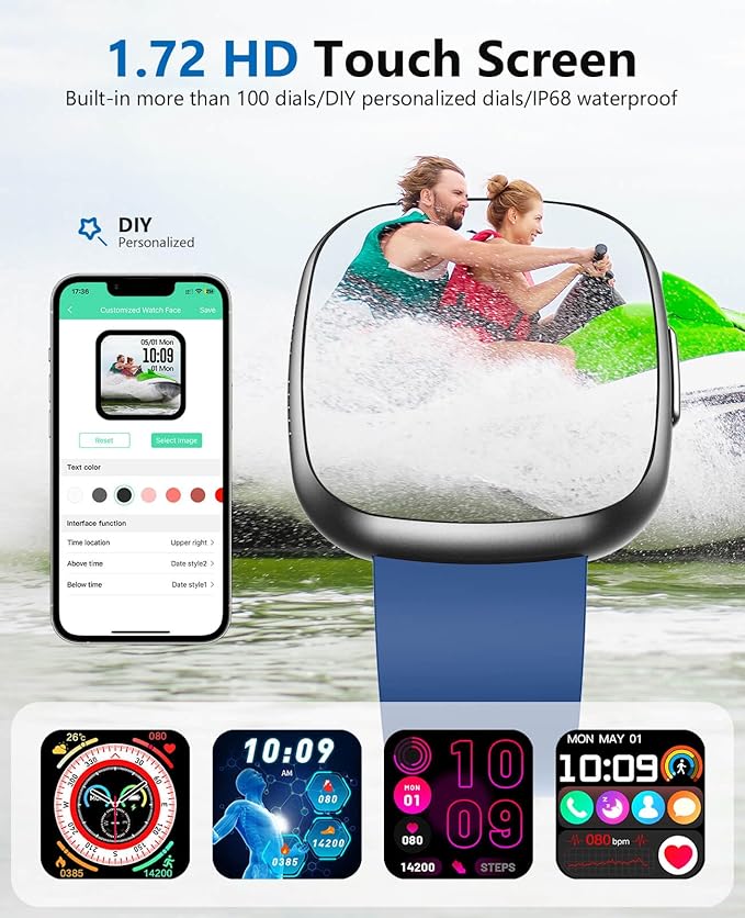 Smart Watches for Men Women,1.72" HD Touch Screen Fitness Tracker with Answer/Make Calls,IP68 Waterproof Heart Rate/Sleep/SpO2 Monitor, Pedometer, 100+ Sport Modes，Smartwatch for Android iPhone,Blue