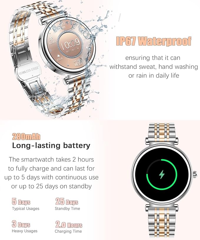 Smart Watch for Women 1.27" Color Screen Waterproof Fitness Activity Tracker Rose Gold Women's Smart Watch with Heart Rate Sleep Monitor for Android and iOS (Two-Tone Silver Steel RT-i109)