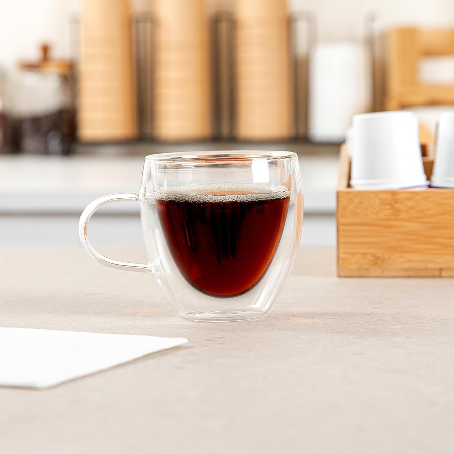 Restaurantware-Forma Professional 5.1 Ounce Glass Coffee Cups, 2 Insulated Coffee Cups With Handle - Dishwashable, Reusable, Clear Double Wall Beverage Tumblers, Freezable, For Hot Or Cold Beverages