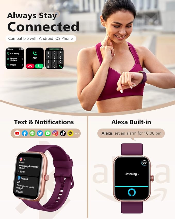 Smart Watch for Women and Men, Android & iPhone Compatible, Fitness Watch Bluetooth Call & Receive Text, Smartwatch with Alexa, Fits Wrists 6.5-9.2 Inches, Waterproof, Red