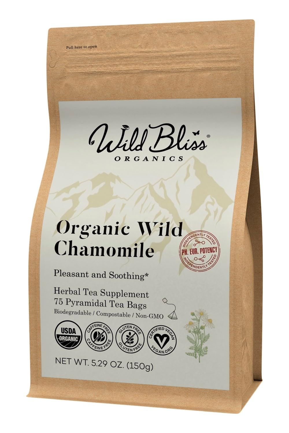 Wild Bliss Organic Chamomile Tea - Caffeine Free Calming Herbal Support - Pharmacopoeia Potency - 75 Plant Based Tea Bags