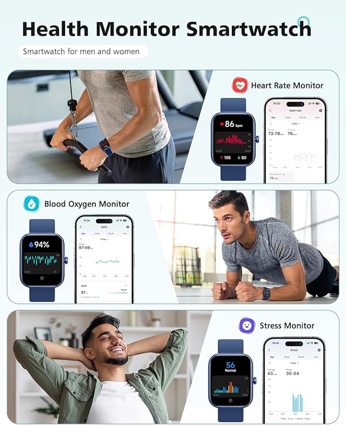Smart Watch for Women and Men, Android & iPhone Compatible, Fitness Watch Bluetooth Call & Receive Text, Smartwatch with Alexa, Fits Wrists 6.5-9.2 Inches, Waterproof, Blue