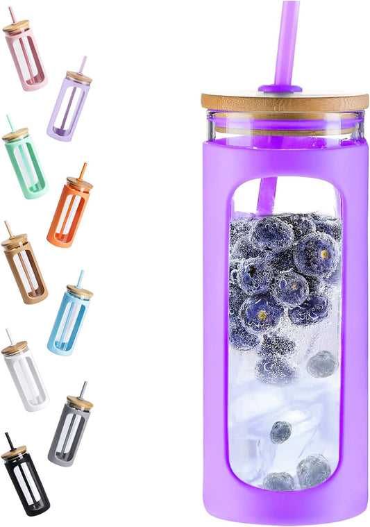 Kodrine 20oz Glass Tumbler with Straw and Lid, Iced Coffee Cups with Bamboo Lids, Glass Cups for Cold Drinks, Smoothie Cup with Silicone Sleeve for Travel, Work, BPA FREE-DarkPurple