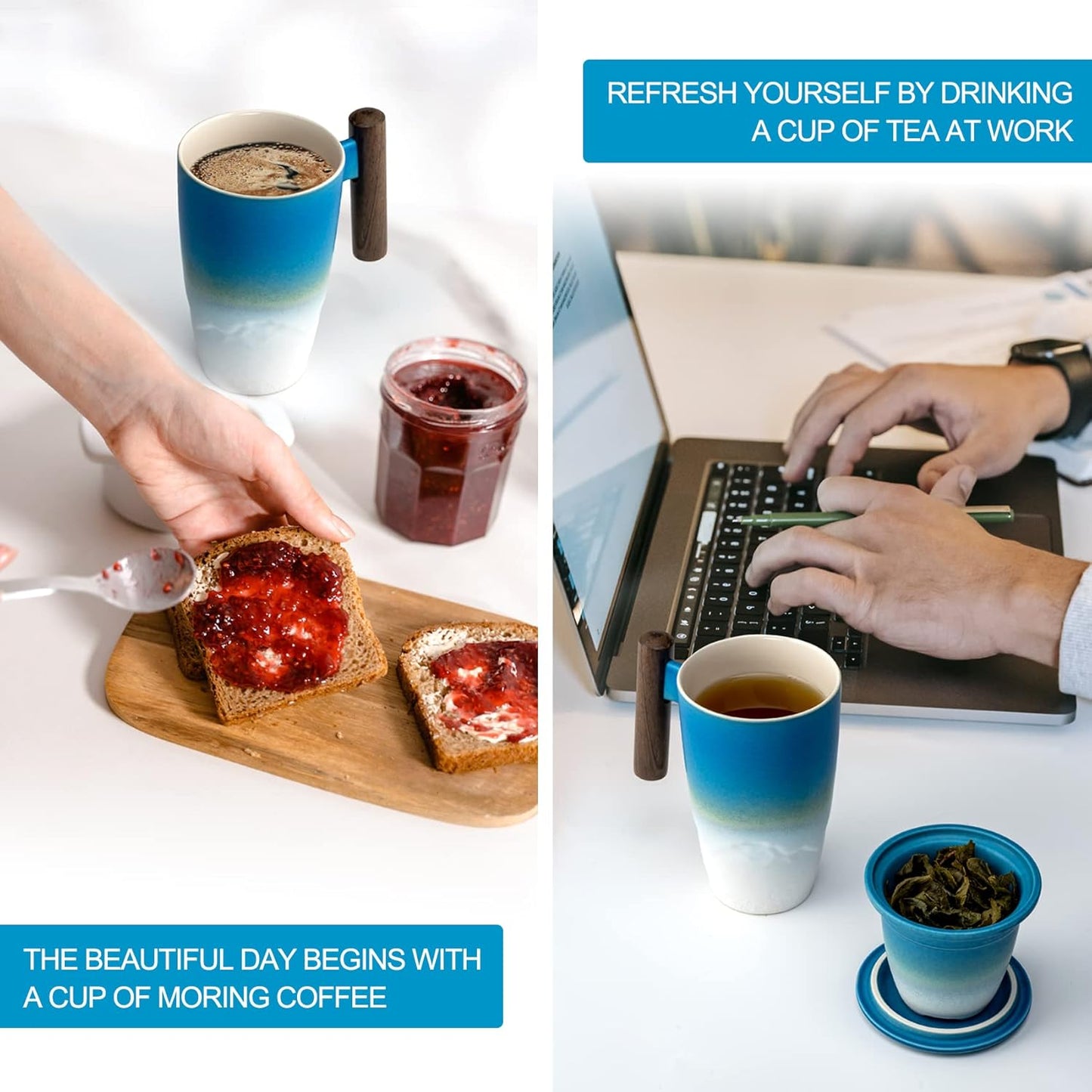 suyika Tomotime Ceramic Tea Cup with Infuser and Lid Tea Mugs Wooden Handle 400ml/13.5oz (Cyan blue)