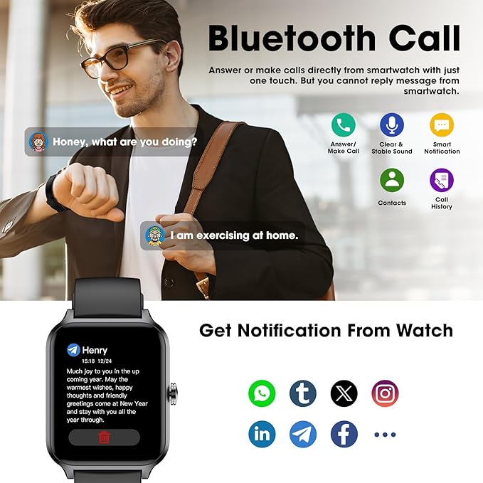 Smart Watch(Answer/Make Call), 1.69" Fitness Tracker with Heart Rate Blood Oxygen Monitor, Sleep Monitor Health Tracker, 100+ Sports Modes, Step Counter, IP68 Waterproof Fitness Watch for Android iOS