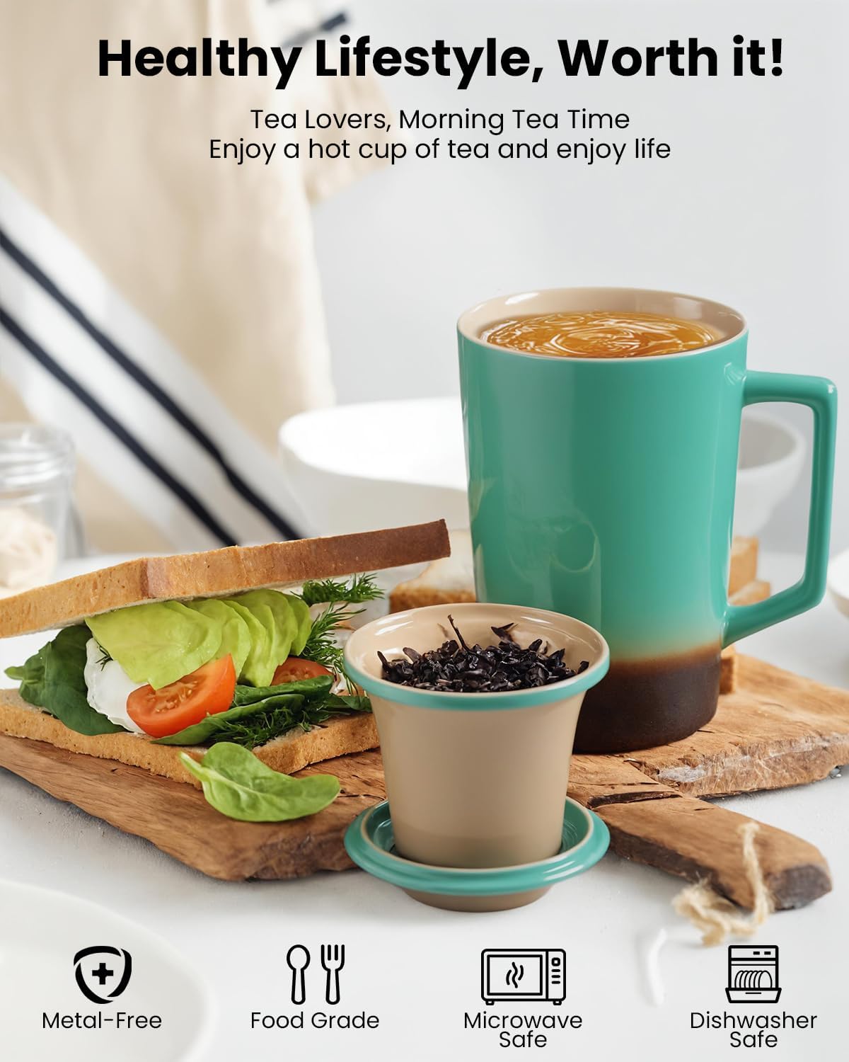 15 OZ Porcelain Tea Infuser Cup with Lid,Ceramic Tea Mug with All-Porcelain Strainers for Loose Leaf Teas,Microwave and Dishwasher Safe Coffee Mug,Metal-Free,BPA-Free,Gifts for Tea-Lover (Green)