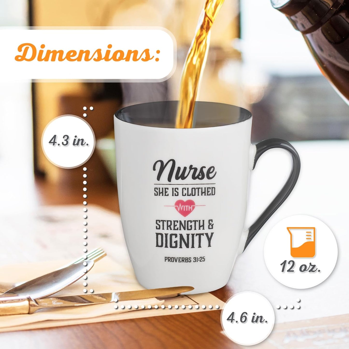 Christian Art Gifts Inspirational Ceramic Coffee & Tea Scripture Mug for Women Nurses: Strength & Dignity Encouraging Proverb, Microwave/Dishwasher Safe Novelty Cup, Cute Heart, White & Black, 12 oz.