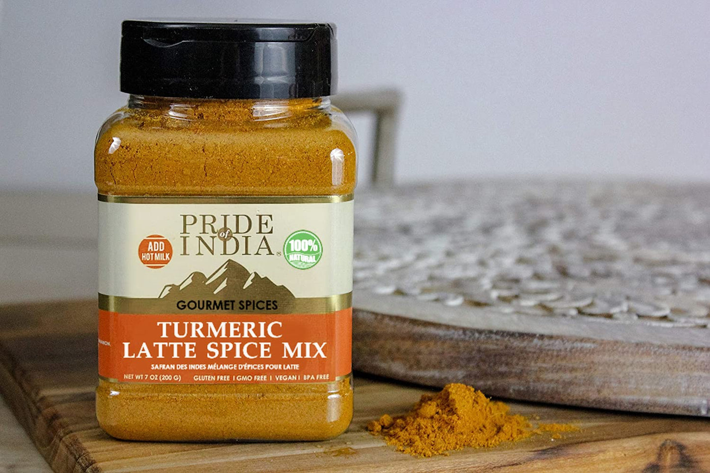Pride of India – Turmeric Latte Spice Mix – Gourmet & Warm Tea Spice Blend – Healthy/Gluten-Free – Ideal for Lattes/Smoothies/Golden Milk – Easy to Store – 7 oz. Medium Dual Sifter Bottle