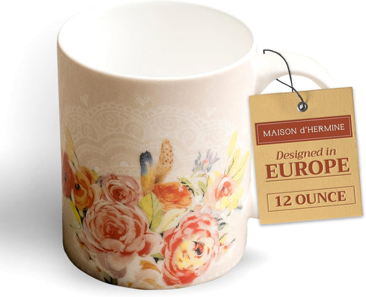 Maison d' Hermine Coffee Mug with Handles Fine Bone China Mugs Pack of One Tea Cups for Hot Beverages Cappuccino Latte Home Restaurant Office Perfect for Gift (Ibiza - Beige - Rose, 12 Ounce)