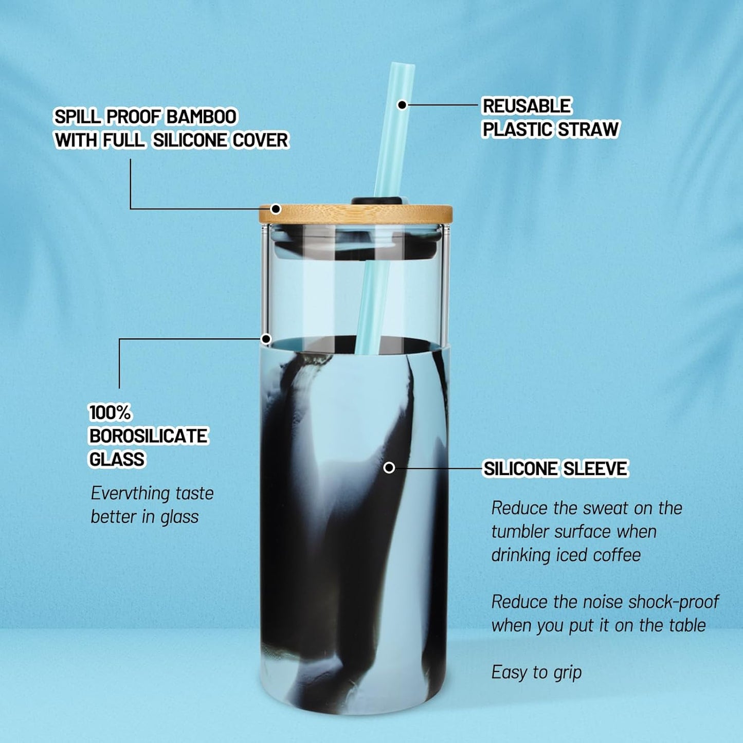 Tronco 20 oz Glass Tumbler with Straw and Lid- Glass Cup with Lid and Straw, Iced Coffee Cup Reusable, Smoothie Cups, Bamboo Lid and Protective Silicone Sleeve - BPA-Free