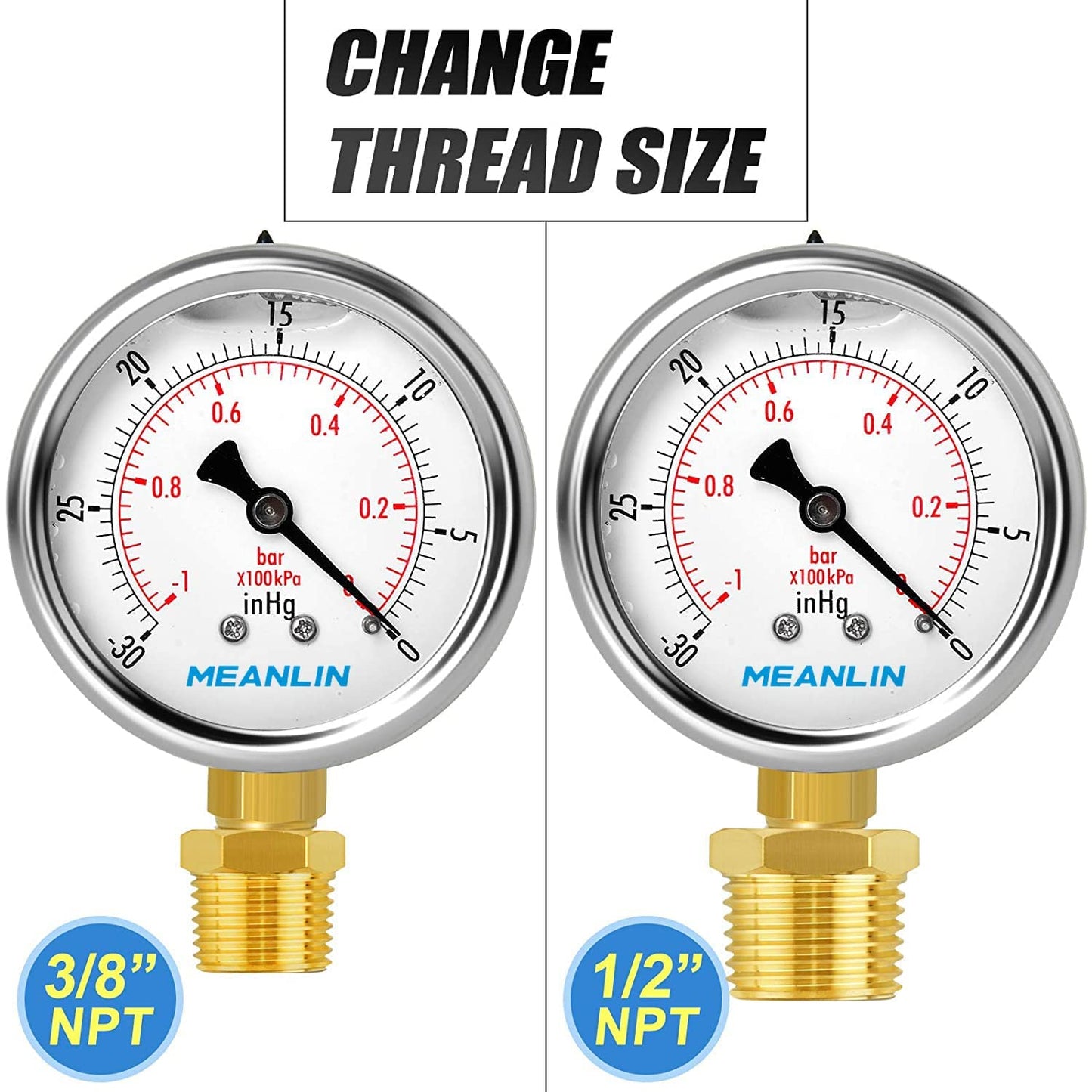 MEANLIN MEASURE -30inHG~0Psi Stainless Steel 1/4" NPT 2.5" FACE DIAL Vacuum Pressure Gauge, Lower Mount (Pack of 2), with 1/2" NPT and 3/8" NPT Hex Bushing