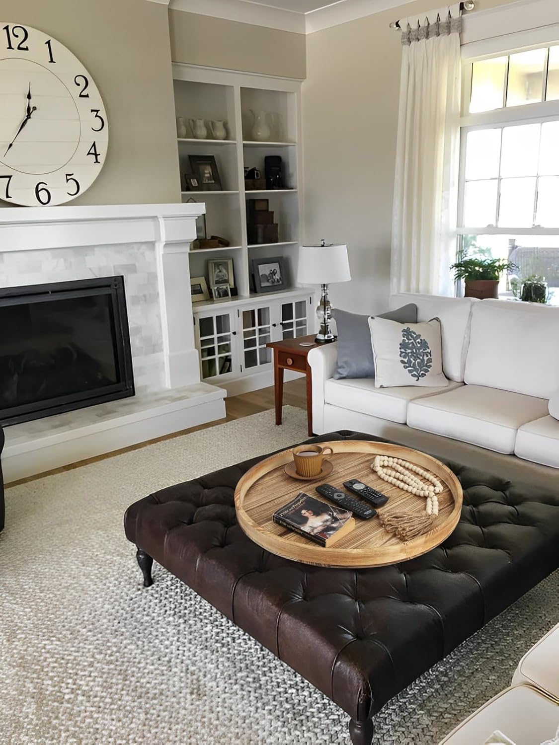 Round Ottoman Table Tray Round-24 - Rustic Wooden Serving Tray for Farmhouse Decorative Oversized Coffee Table Trays Living Room Kitchen Counter Breakfast Nature