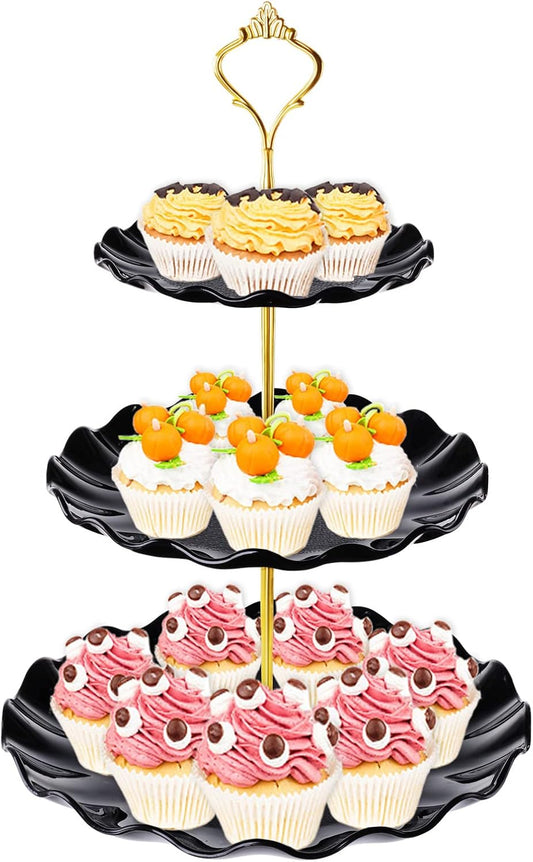 3 Tier Cupcake Stand Holder, Plastic Cup Cake Stand Towel with Tiered Serving Tray for Cupcakes, Donuts, Fruits and More, White (Black)