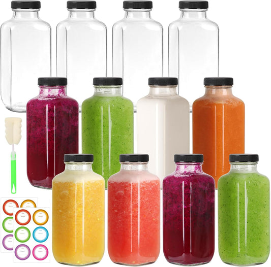16 oz Glass Juice Bottles with Lids 12 Pack,Reusable Glass Drink Bottles,500ml Water Drinking Jars for Milk,Juicing,Kombucha,Ginger,Beverage Glassware,Juice Drinking Jars