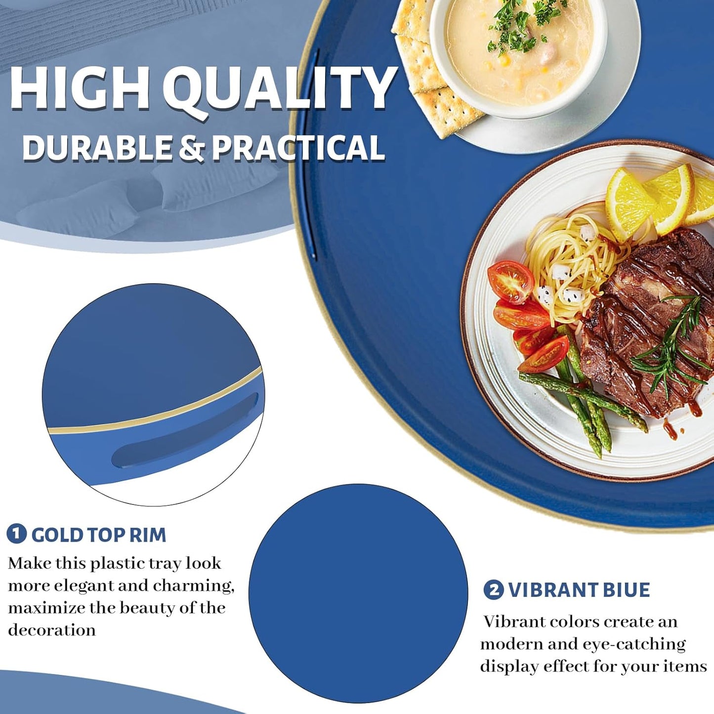 MAONAME 13" Blue Round Tray, Navy Serving Tray with Handles, Modern Decorative Tray for Coffee Table, Plastic Tray for Ottoman, Bathroom, Decor