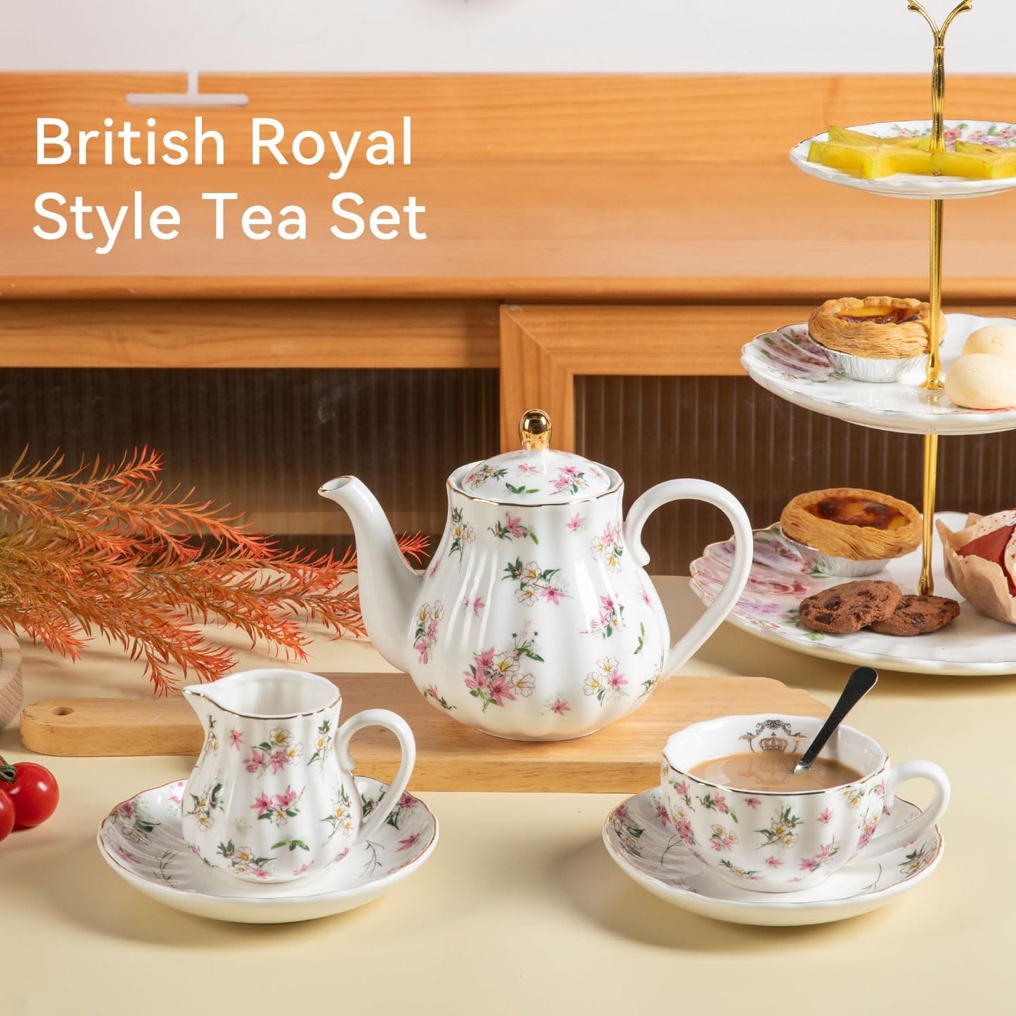 Porcelain Tea Sets British Royal Series, 8 OZ Cups & Saucer Service for 6, with Teapot Sugar Bowl Cream Pitcher Teaspoons and Tea Strainer, Suitable for High Tea, Wedding, Party（Spring Flowers）