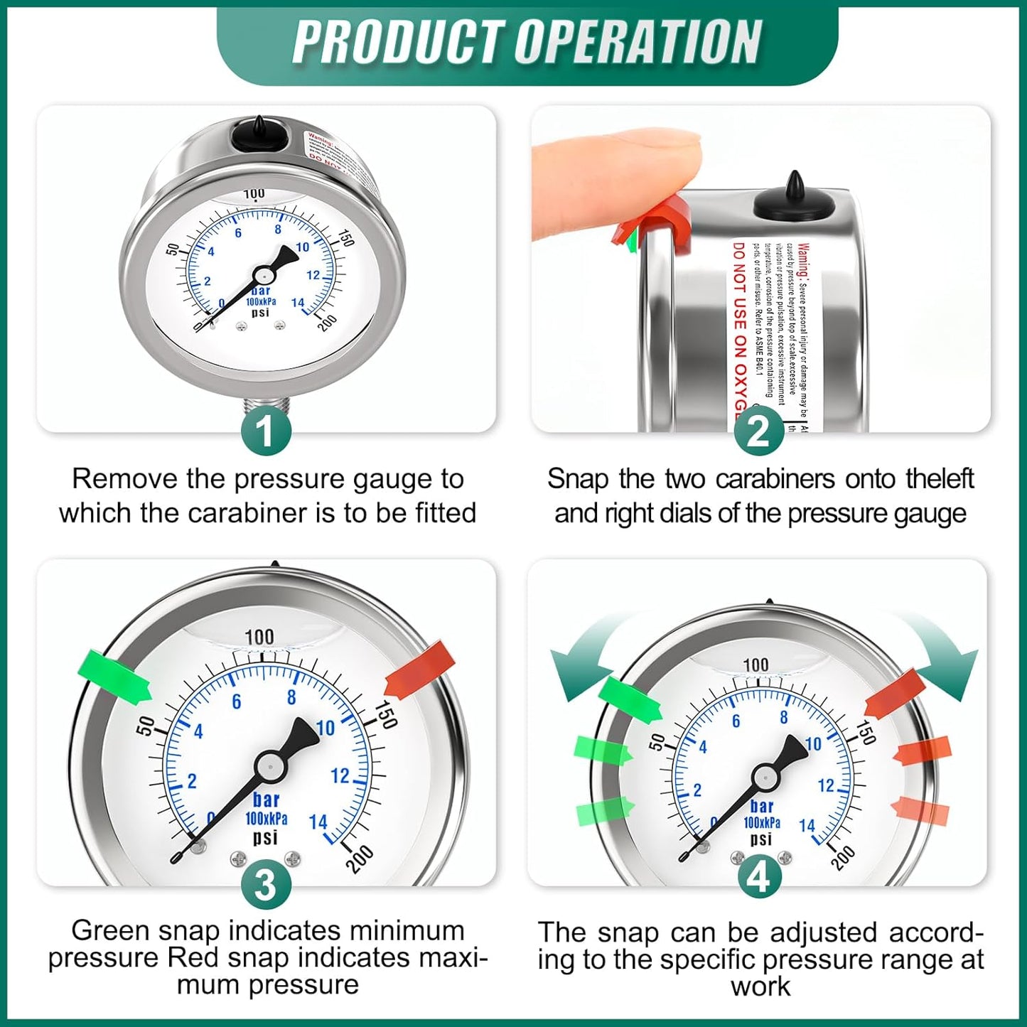 0-200PSI Stainless Steel Liquid Filled Pressure Gauge, 2.5" Dial Size, 1/4" NPT 316 Stainless Steel Joint, Lower Mount, for Tube, Water Pump, Gas, Liquid (with Range Mark Pointer)