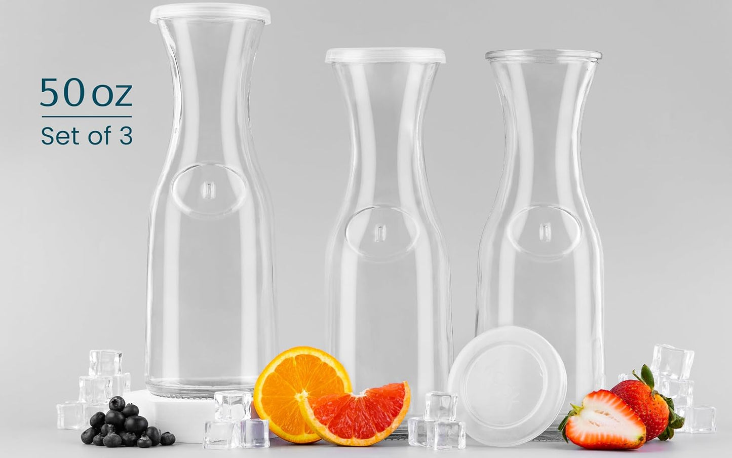 Glass Carafe Pitchers, by Kook, Large Carafe - set of 3, Beverage Dispensers, Clear Jugs For Mimosas, Water, Wine, Milk and Juice, with Plastic Lids, 50 oz Dishwasher Safe