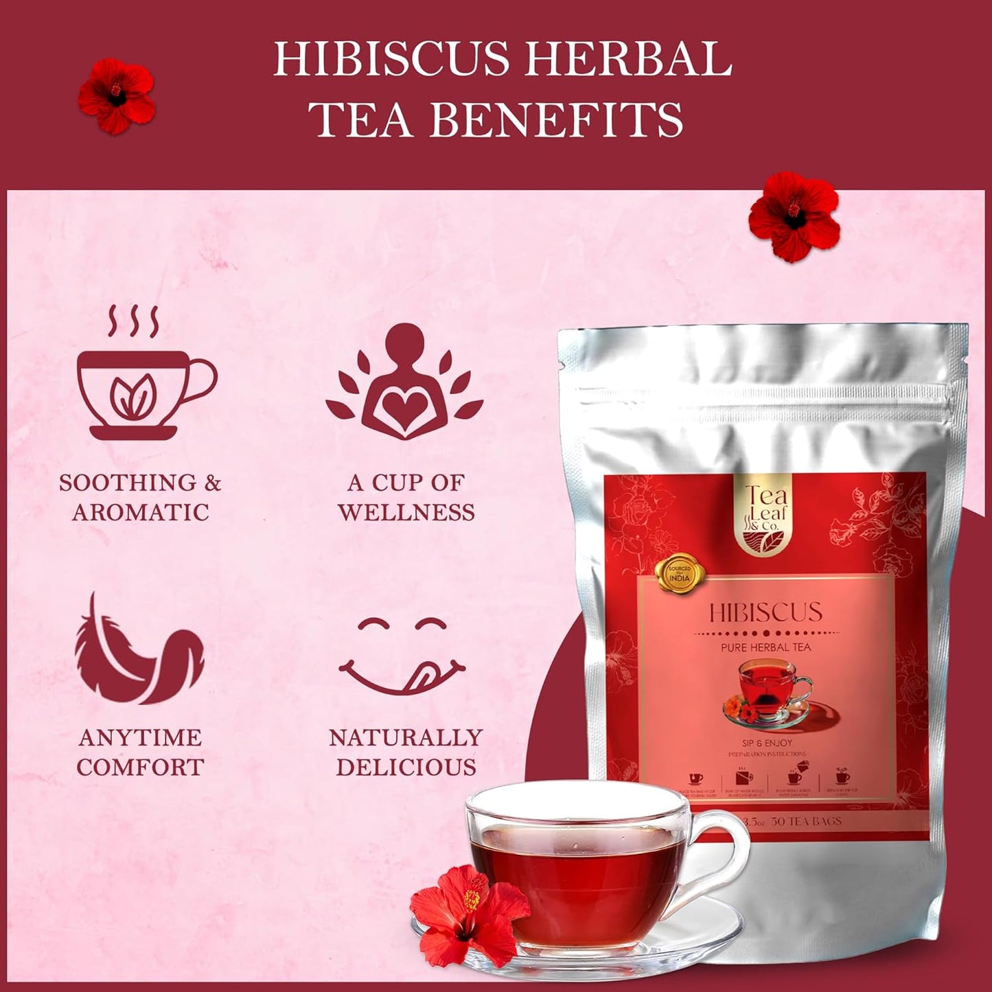 Tealeaf & Co. Hibiscus Tea with Hibiscus Flowers Extract - Pure Herbal Tea Bags Blended with Fresh Herbs - Flavored Herbal Blend - Low Caffeine - Gluten Free - 50 Teabags