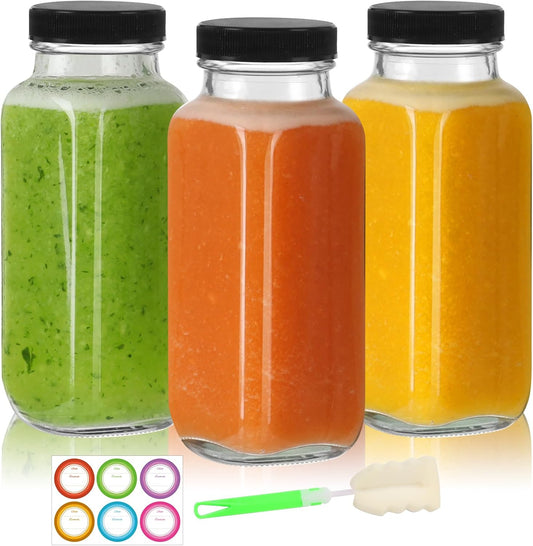 8 oz Glass Juice Bottles with Lids 3 Pack,Reusable Glass Drink Bottles,250ml Water Drinking Jars for Milk,Juicing,Kombucha,Ginger,Beverage Glassware,Juice Drinking Jars
