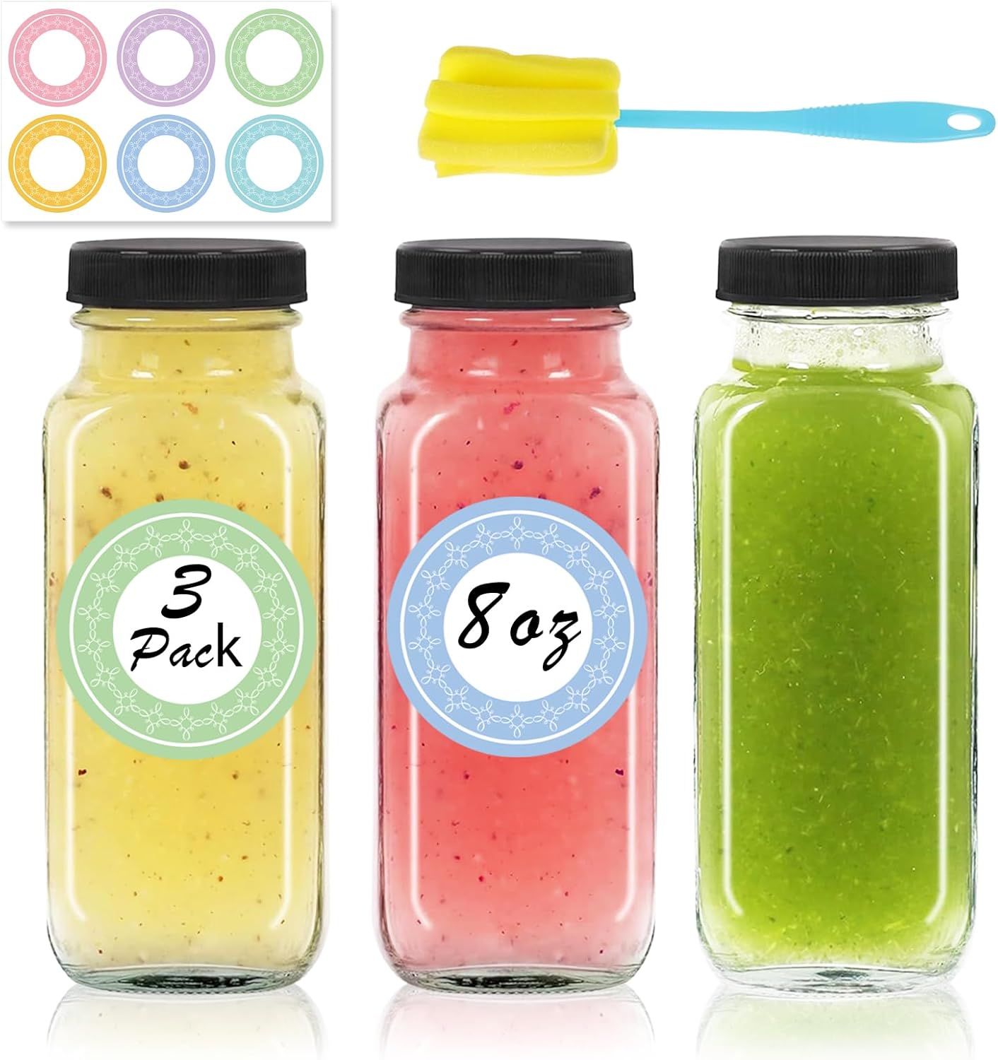 3 pack 8 oz Glass Juice Bottles with Lids, 250 ml Reusable Glass Water Bottles, Empty Drink Containers Drinking Jars with Brush, for Milk, Juicing, Kombucha, Ginger