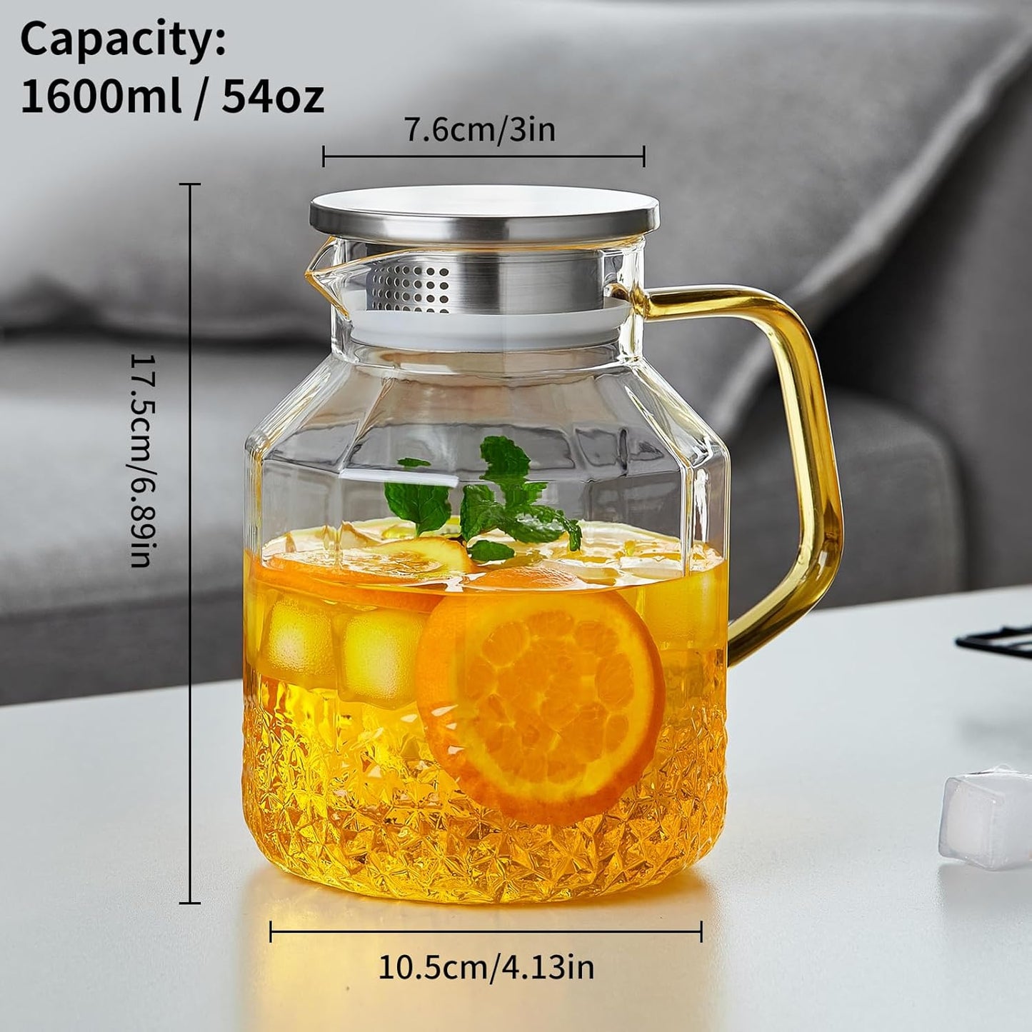 1600ml Glass Water Pitcher with Lid and Spout, Glass Water Jug Carafe for Hot/Cold, Full Glass Teapot, Large Iced Tea Pitcher for Homemade Beverage