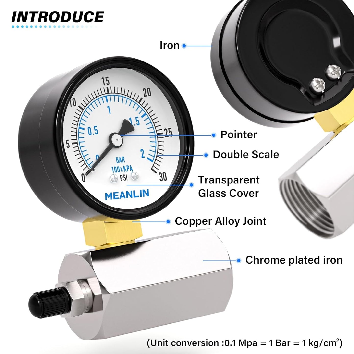 MEANLIN MEASURE 0-30Psi 2" Steel Double Graduated Air Test Pressure gauges, 3/4" FNPT Connection, -3-2-3% Accuracy