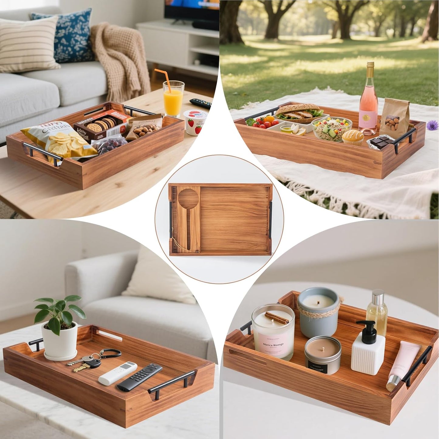 Serving Tray with Handles, 17"x12" Wooden Tray with Removable Wine Glass Holder Ottoman Tray Wood Serving Trays with Metal Handles for Breakfast, Dinner, Coffee Table, Food Drinks