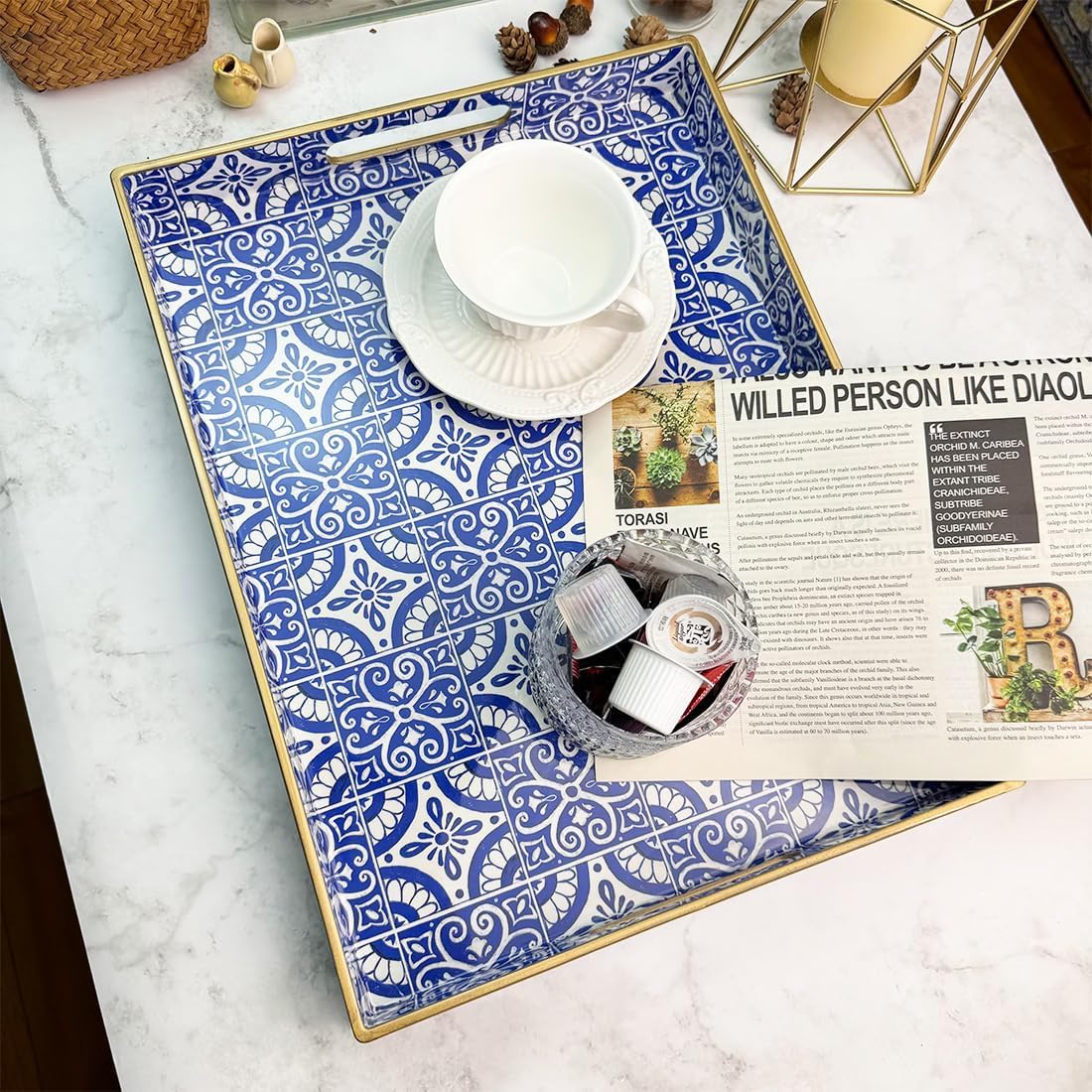 Serving Tray with Handles, Rectangular Decorative Trays for Coffee Table, Plastic Ottoman Tray for Living Room, Decor, Boho Blue, 15.7”*11.8”*1.6"