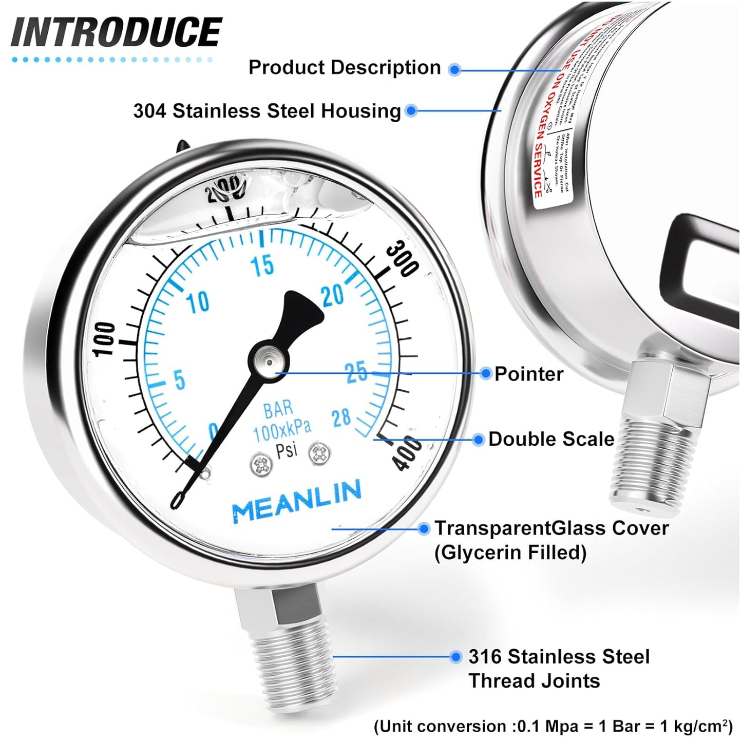 MEANLIN MEASURE 0~400Psi Liquid Filled Pressure Gauge Stainless Steel with 316 Stainless Steel Joint 1/4" NPT 2.5" FACE DIAL for Air Compressor Air Regulator Water Filter Lower Mount