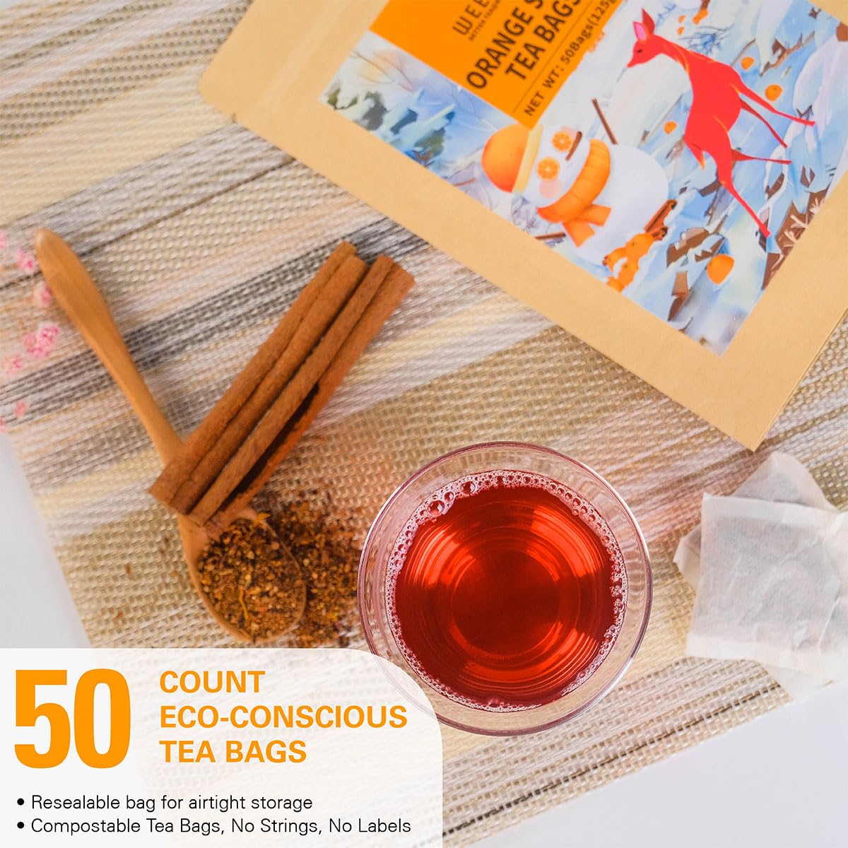 WT WEETEE Orange Spice Herbal Tea Bags, 2.5g x 50 Counts, Sweet Spices Tea Includes Cinnamon, Clove, Orange Peel, Rose Hips, Hibiscus & More, Natural Caffeine-free