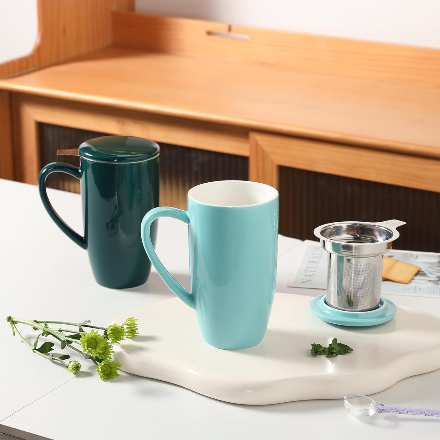 Sweejar Porcelain Tea Infuser Mug with Lid, 20 oz Teacup with Strainers for Loose Leaf Tea, Microwave and Dishwasher Safe Coffee Mug(Turquoise)