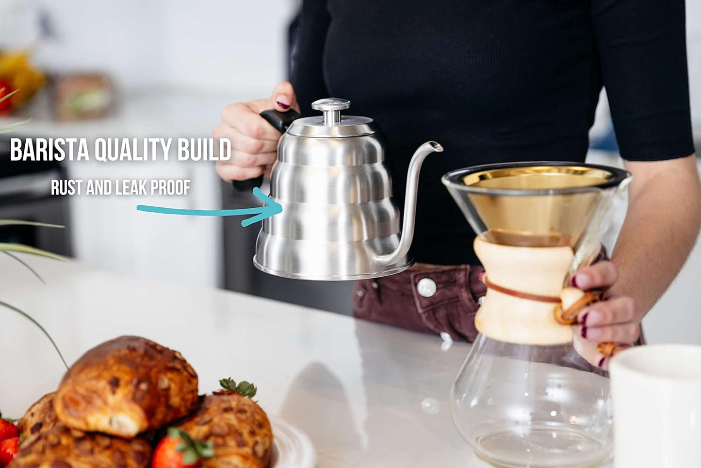 Barista Warrior Gooseneck Kettle for Pour Over Coffee and Tea with Thermometer for Exact Temperature, Precision Pour Drip Spout, Compatible with all Stove Tops (Copper Coated, 1.2 Liter, 40 fl oz)