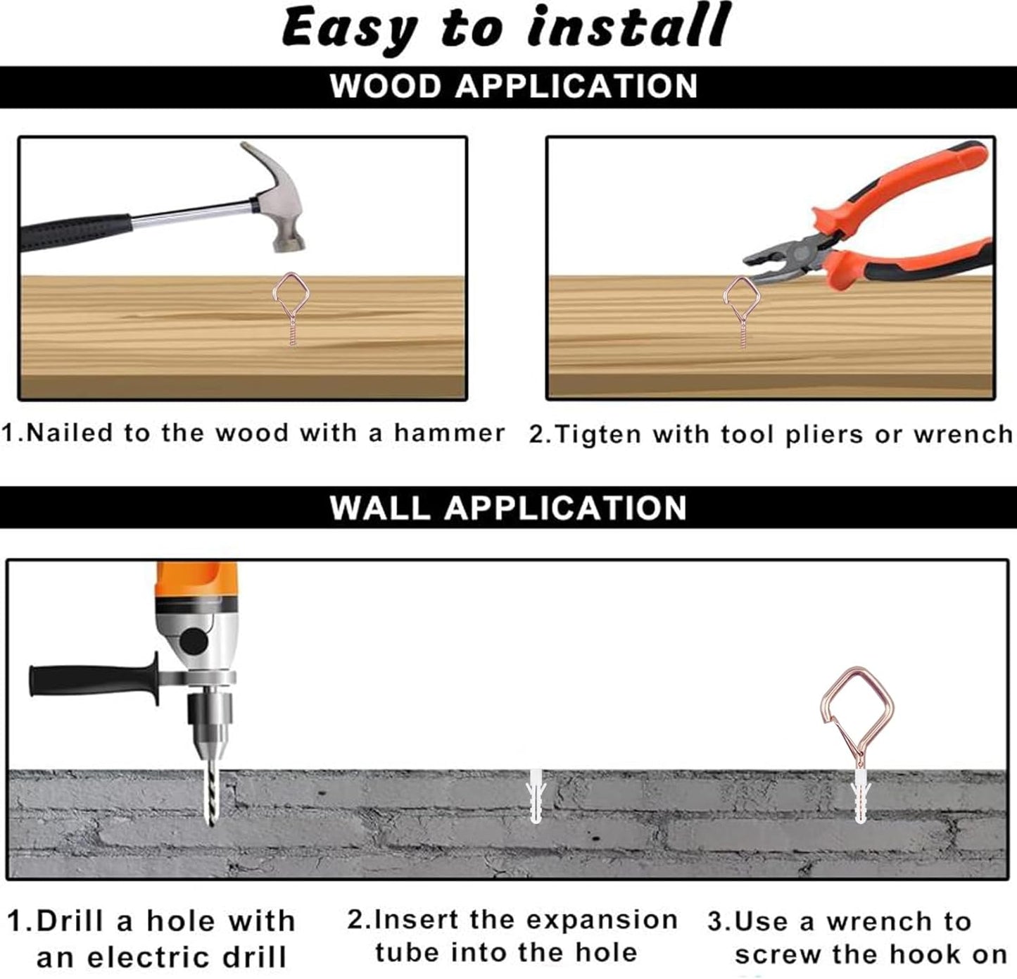 100 PCS Rose Gold Eye Screw Hooks for Hanging Heavy Duty with Safety Buckle.Metal Ceiling Hooks for Hanging Plants Cup Wind Chime Bird Feeders Patio Lights at Indoor&Outdoor