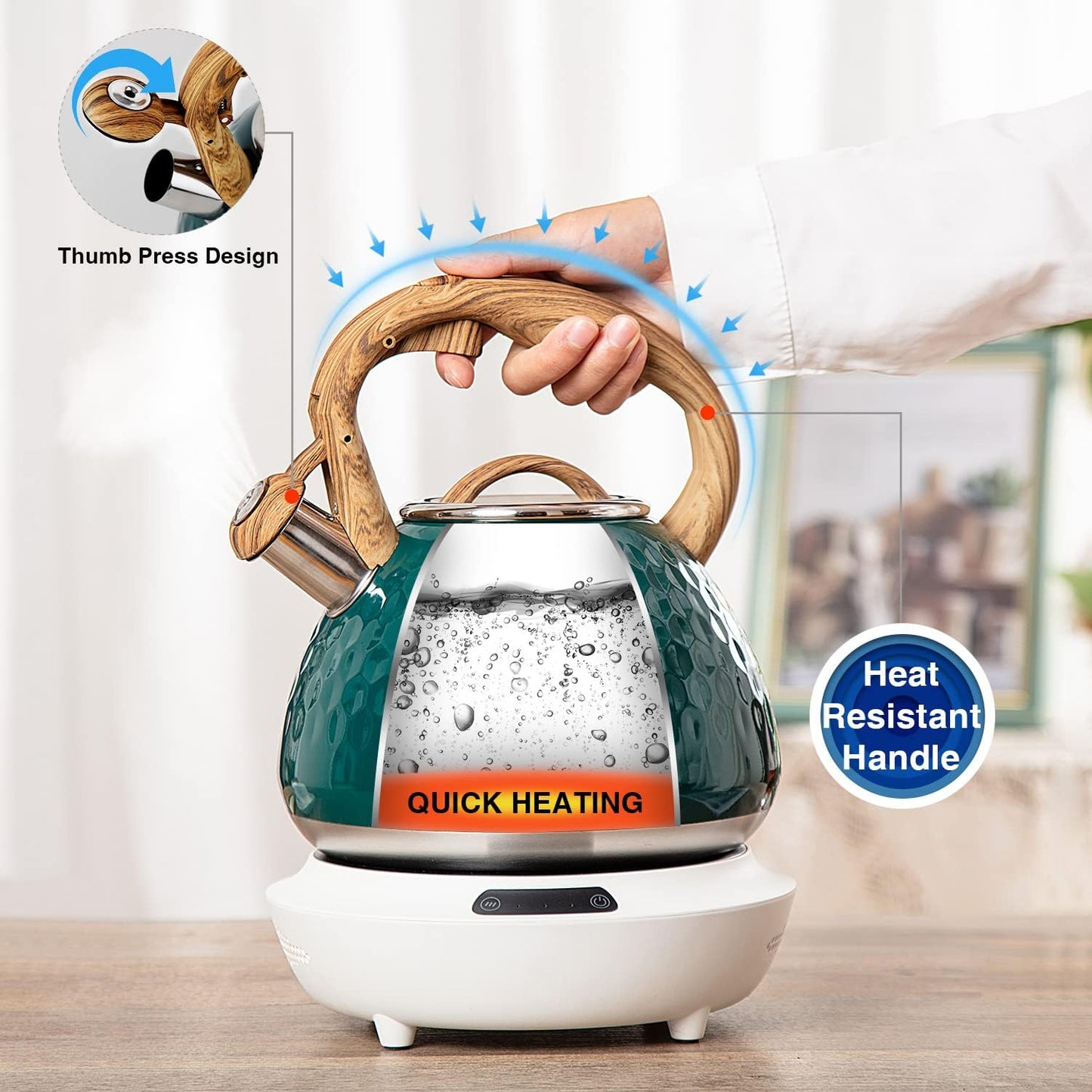 Tea Kettle, Toptier Teapot Whistling Kettle with Wood Pattern Handle Loud Whistle, Food Grade Stainless Steel Tea Pot for Stovetops Induction Diamond Design Water Kettle, 2.7-Quart Dark Green