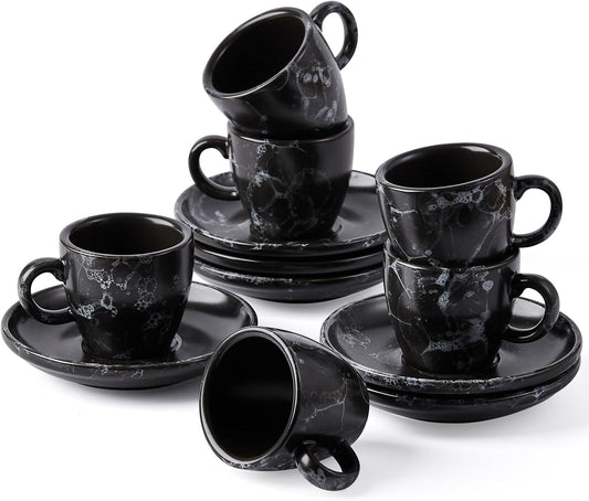 SIDUCAL Espresso Cups Set of 6,2 Ounce Ceramic Coffee Cups with Saucers,Porcelain Double Espresso Shot Cup Set,Gift Box for Boyfriend Gift(Black)