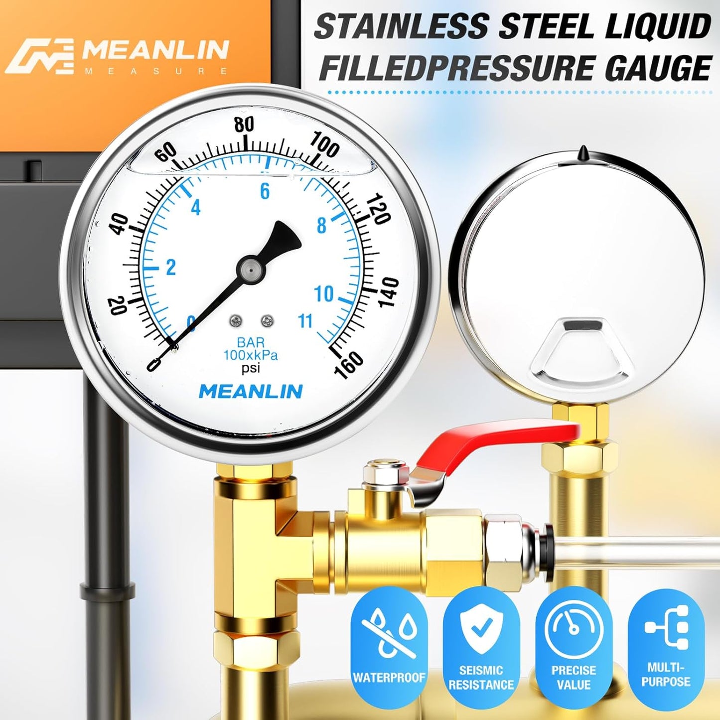 MEANLIN MEASURE 0~160Psi Stainless Steel 1/4" NPT 4" FACE DIAL Liquid Filled Pressure Gauge WOG Water Oil Air Lower Mount, with 1/4" x 1/2" NPT and 1/4" x 3/8" NPT Hex Bushing