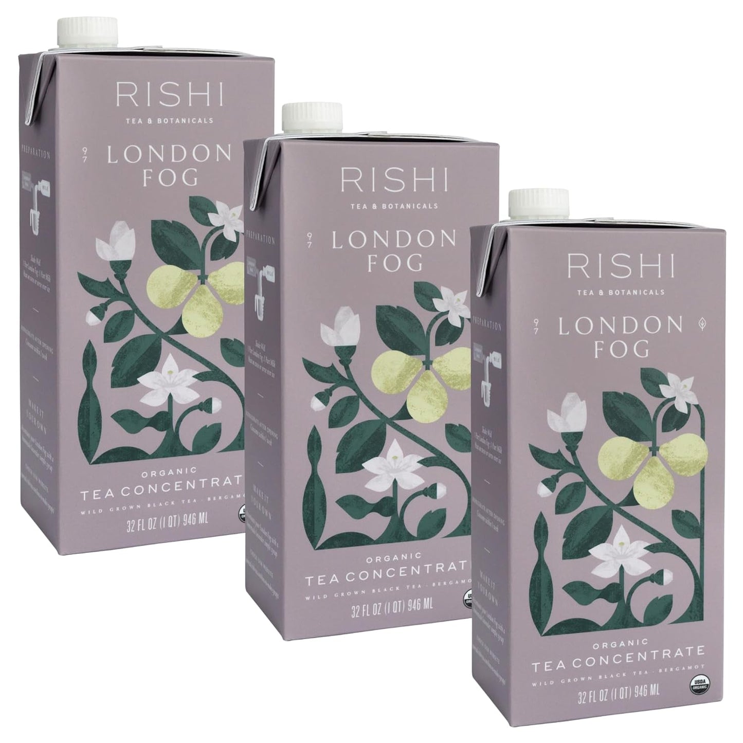 Rishi Tea London Fog Latte - Organic Black Tea Concentrate with Bergamot, Easy-to-Serve Hot or Iced Earl Grey Mix - 32 fl oz Carton, 8 Servings (Pack of 3)
