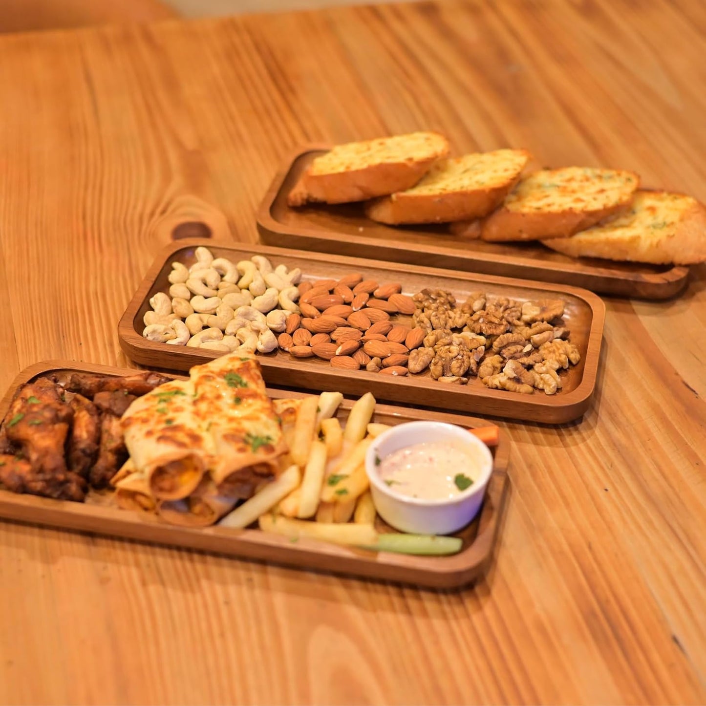 Acacia Wooden Tray Pack of 3 - Wood Serving Tray, Rectangle Cheese Plates - Charcuterie Boards, Wooden Trays for Decor, Vegetables, Fruit, Appetizer Trays (11.8 x 5.11 inches)