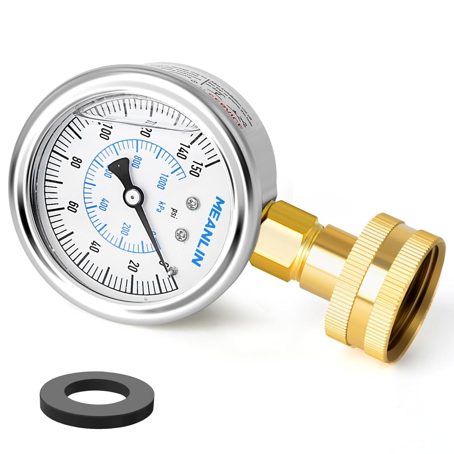 MEANLIN MEASURE 0~150Psi Stainless Steel Frame 3/4" Female 2.5" FACE DIAL Liquid Filled Pressure Gauge WOG Water Oil Air Water Pressure Test Table with Sealing Ring (with 2PCS Snaps)