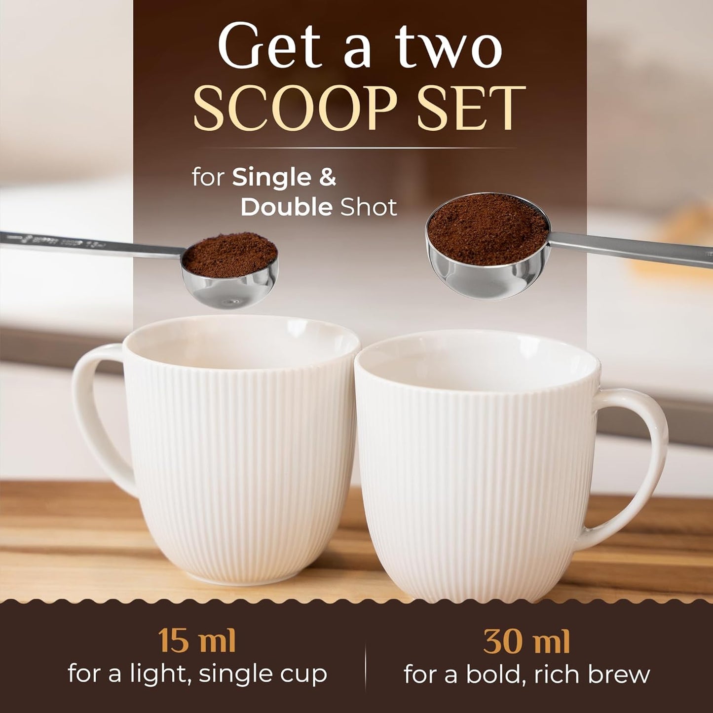 Orblue Premium Coffee Scoop Set - 1 Tbsp (15ml) & 2 Tbsp (30ml) Measuring Tablespoon - Stainless Steel Coffee Measuring Spoon and Scooper with Long Handles - Pack of 2