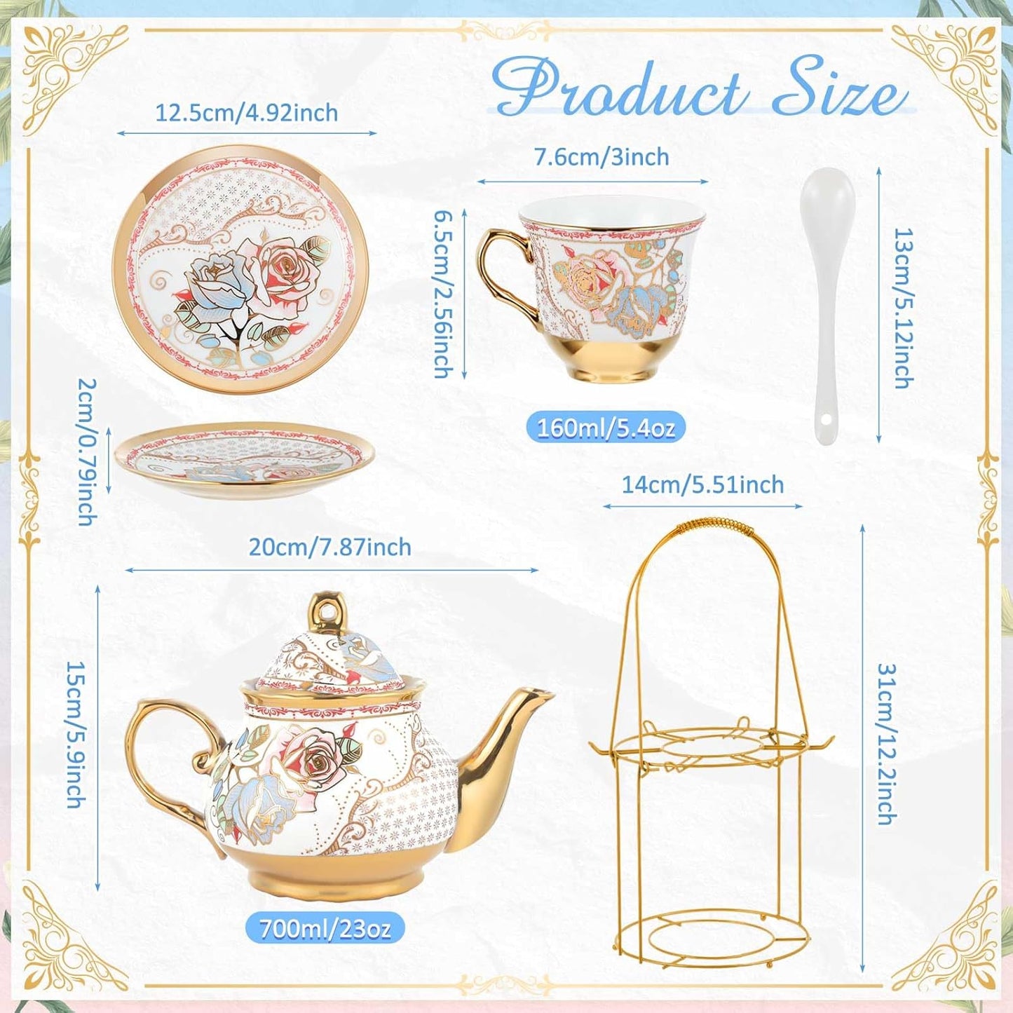 Zhehao 20 Pcs Porcelain Tea Set with Metal Holder and Spoon Adult Ceramic Tea Party Set European Flower Painting Teapot Cup Saucer Spoon Set for Women, Large Version(Minimalist Style)