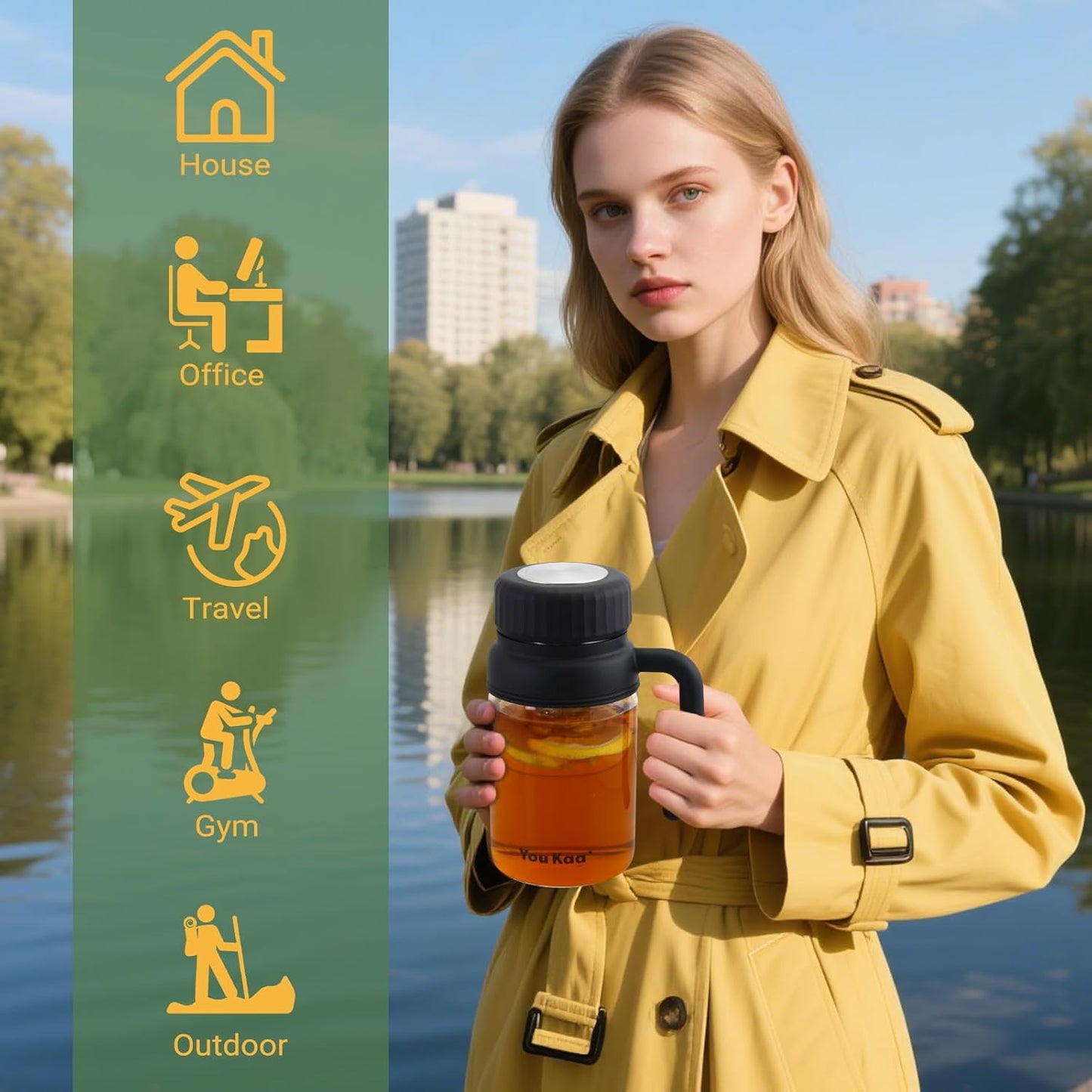 32oz Glass Water Bottle, Tea Bottle with Infuser & Handle, BPA-Free Leakproof Wide Mouth Large Tea Infuser Bottle for Hot or Cold Drinks, Loose Tea, Fruit (Black)